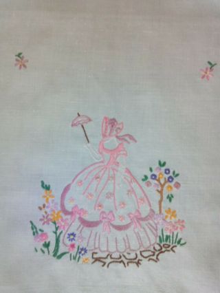 Vintage Linen Tray Cloth Embroidered With Crinoline Ladies