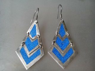 Vintage Sterling Silver 925 Mexico Art Deco Style Large Earrings.