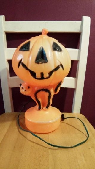 Vintage Plastic Halloween Light Up Pumpkin With Cat