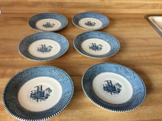 Vintage Blue And White Steamboat Saucers Currier & Ives Royal China,  Set Of 6