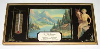 Vintage Thermometer Art Plaque Gold Frame Glass Cabin Mountain Forest Horse Lake