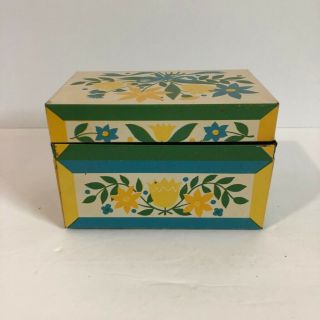 Vintage Syndicate Mfg Co Tin Metal Recipe Box Retro Yellow Orange Blue Floral Mo