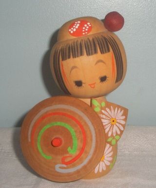 Vintage Kokeshi Wooden Doll Handpainted Oriental Girl W/ Umbrella 4 "