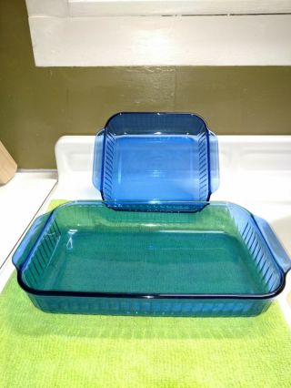 2 - Vintage Pyrex Cobalt Blue Ribbed Baking Dishes