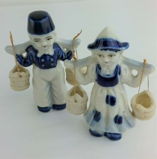 Vtg Porcelain Dutch Boy & Girl With Water Buckets Figurines Blue And White Japan
