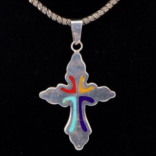 Vtg Sterling Silver - Mexico Taxco Inlay Cross Pendant 29.  5 " Necklace - 43.  5g