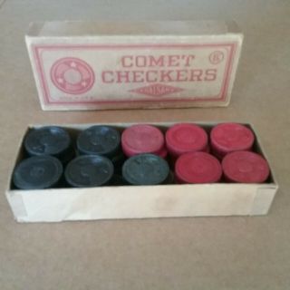 Vintage Comet Checkers By Halsam,  Usa Red/black,  Orig Box 30 Ct. ,