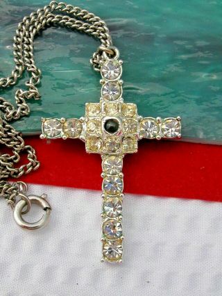 Vintage Silver Tone The Lords Prayer Stanhope Rhinestone Cross Pendant Necklace