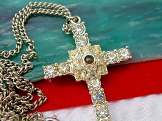 Vintage Silver Tone The Lords Prayer STANHOPE Rhinestone Cross Pendant Necklace 2
