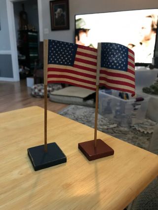Vintage Set Of 2 Usa American 3” X 2” Flags W/wood Base Displayed