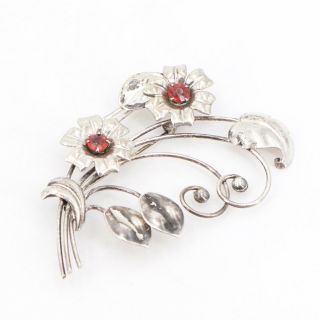 Vtg Sterling Silver Signed Red Rhinestone Flower Floral Bouquet Brooch Pin 11g
