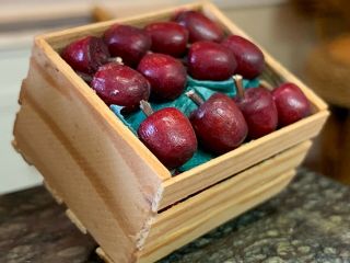 Vintage Miniature Dollhouse Artisan Full Wood Crate Wood Red Apples Wood Stems