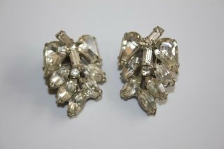 Sparkly Vintage Silver Tone Clip - On Rhinestone Leaf Earrings Marked Weiss