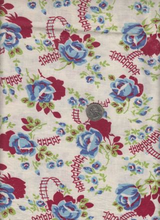 Vintage Feedsack Cream Blue Burgundy Floral Feed Sack Quilt Sewing Fabric
