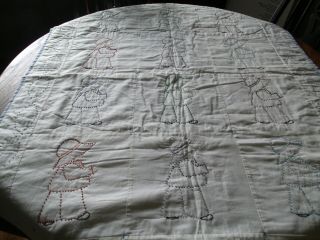 Vintage Hand Embroidered Baby Quilt - Sunbonnet Sam - French Knot - Blue Gingham