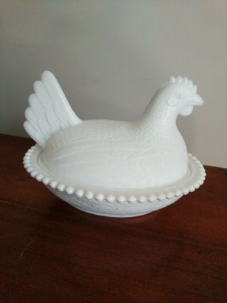 Vintage White Milk Glass Hen Chicken On Nest Basket Butter Candy Trinket Dish