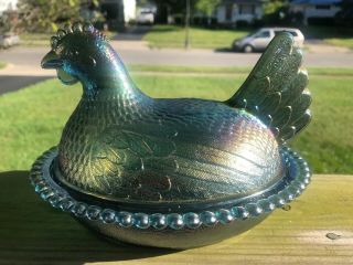 Vintage Indiana Glass Hen On A Nest Blue Carnival Glass Nesting Chicken Basket