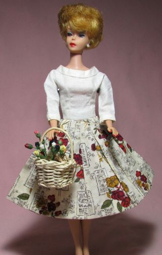 For Vintage Barbie - 1960s Sweet Factory Dress W Straw Flower Basket
