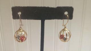 Vintage Goldtone Metal Filigree Caged Dice Drop Dangle Wire Pierced Earrings