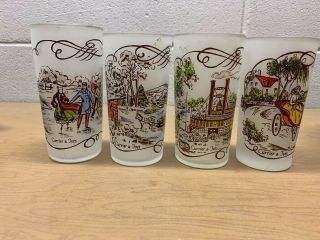 Vintage Federal Set Of 4 Currier And Ives Frosted Drinking Glasses Tumblers