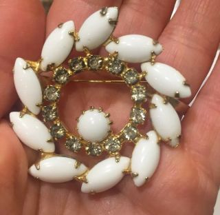 Vintage Round Milk White Glass Pin Brooch With Clear Rhinestones,  Gold Tone