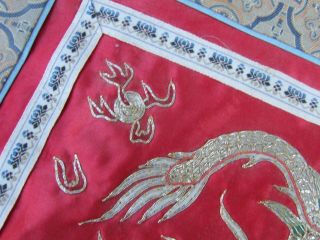 VINTAGE CHINESE SILK EMBROIDERY EMBROIDERED PANEL BADGE GOLD THREAD DRAGON 4