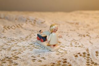 Vintage Erzebirge Hand Painted Wood Miniature Blonde Angel With A Baby Buggy