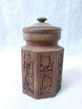 Vintage Solid Wood Jar With Lid Hand Carved Floral Pattern 7 " Tall