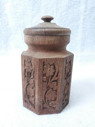 Vintage Solid Wood Jar with Lid Hand Carved Floral Pattern 7 