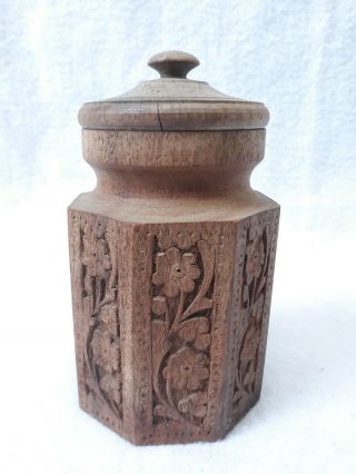 Vintage Solid Wood Jar with Lid Hand Carved Floral Pattern 7 