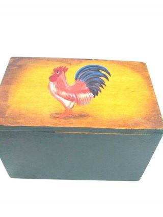 Vintage Wooden Recipe Box For 3 X 5 Recipe Cards - Roosters On Top