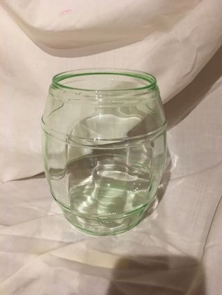Unique Vintage Uranium Green Glass Jar/container W/o Lid Barrel Design