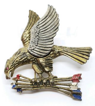 Chunky Vintage Gold Tone & Enamel Patriotic American Bald Eagle & Arrows Brooch