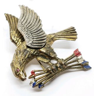 Chunky Vintage Gold Tone & Enamel Patriotic American Bald Eagle & Arrows Brooch 2