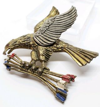 Chunky Vintage Gold Tone & Enamel Patriotic American Bald Eagle & Arrows Brooch 3
