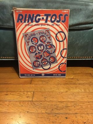 Vintage Ring Toss Tin Litho Animal Action Game W/ Box No.  77 Ohio Art Co.