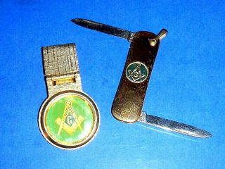 Vintage Money Clip & Imperial Usa Keychain Knife W/masonic Compass & Square Logo