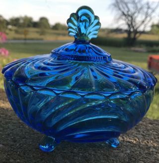 Vintage Deep Bright Blue Footed Glass Candy Dish With Lid Large Estate Find