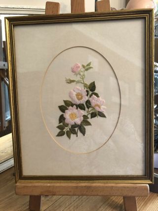 Vintage Floral Embroidery On Silk In A Gilt Frame Shabby Chic Lovely