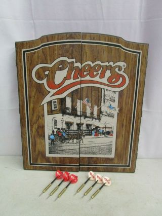 Vintage 1989 Cheers (tv Show) Dartboard With Wooden Cabinet And Darts