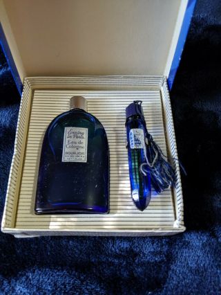 Vintage Evening In Paris Cologne Set In Deco Box Cobalt Blue Bottles,  Extra