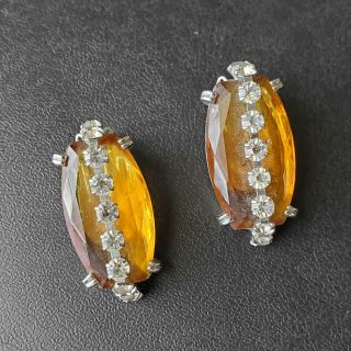 Vintage Amber Citrine Oval Faceted Glass Pave Crystal Rhinestone Earrings 74