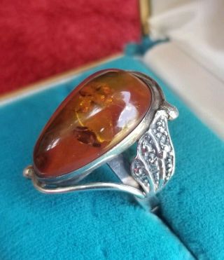 Vtg Navajo Native American Sterling Silver 925 Amber Ring Sz 4.  5