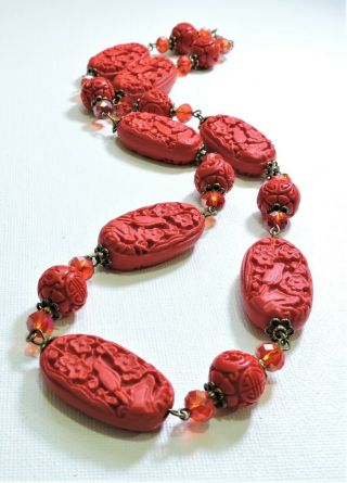 Vintage Carved Red Cinnabar Birds Flowers & Faceted Glass Bead Necklace Se1919
