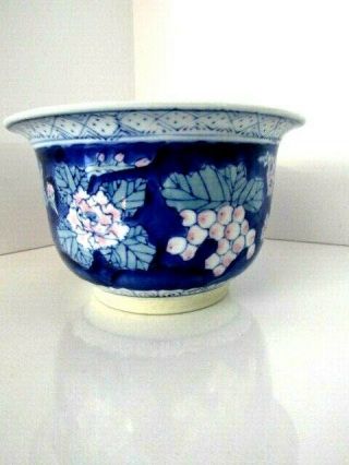 Vintage Asian Pottery Planter Bowl Blue White Pink Floral 61/4 " Drainage Hold