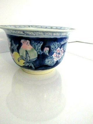 Vintage Asian Pottery Planter Bowl Blue White Pink Floral 61/4 