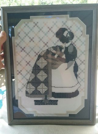 Vintage Framed Needlepoint,  Lady With Quilt,  Black,  White