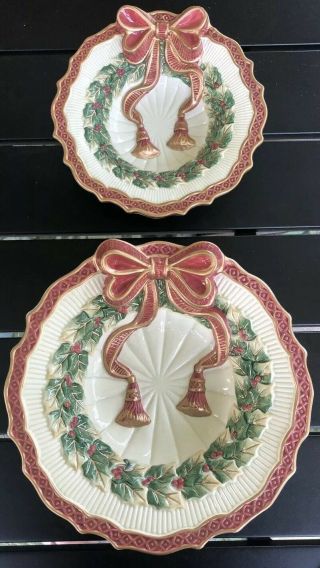 Vtg Pair (2) Fitz & Floyd Holiday Noel Essentials Christmas Dish Red Bows Wreath