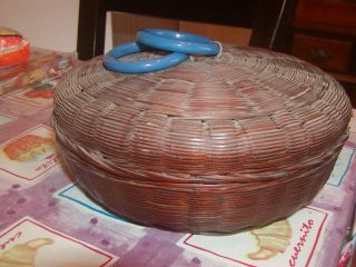 Vintage Estate Woven Round Sewing Basket With Lid 8 " Round Heavy Handles