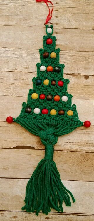 Vintage Macrame Christmas Tree Wall Hanging Decor Handmade Colorful Wood Beads